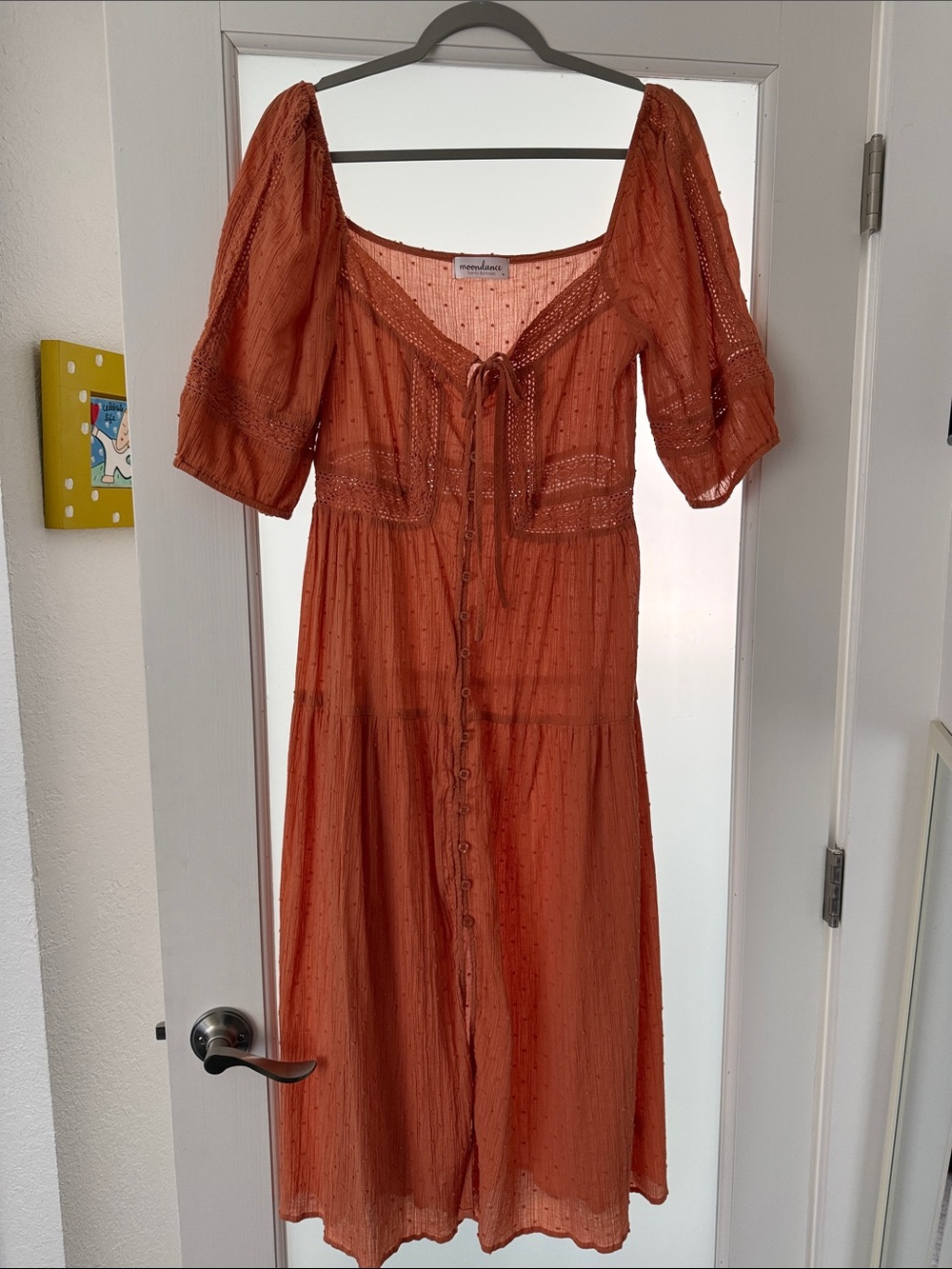 Boho Tie-Front Rust Midi Dress with Puff Sleeves